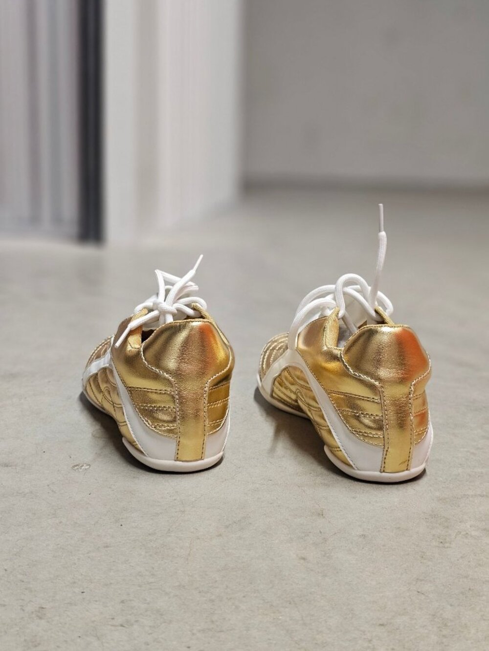 Gold & White Athletic Sneakers With Quilted Design & Lace-Up Closure - Picture 14 of 14